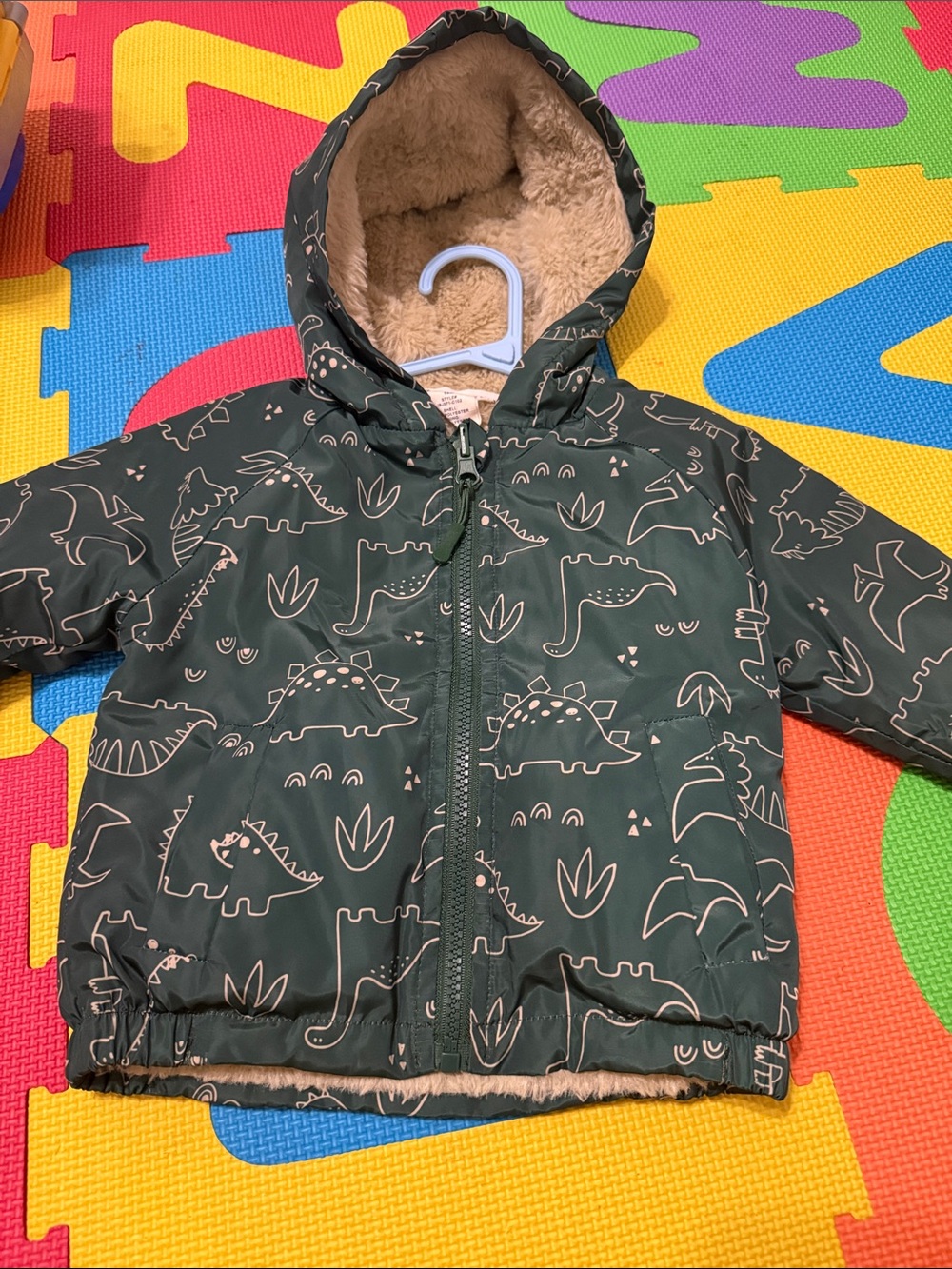 Toddler Forest Green Dino-Print Hooded Puffer Jacket